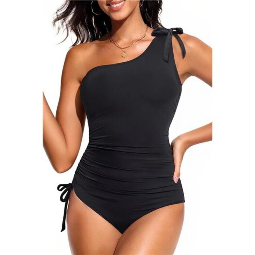 One Shoulder Black One Piece Swimsuits Women Tummy Control Bathing Suits Ruched